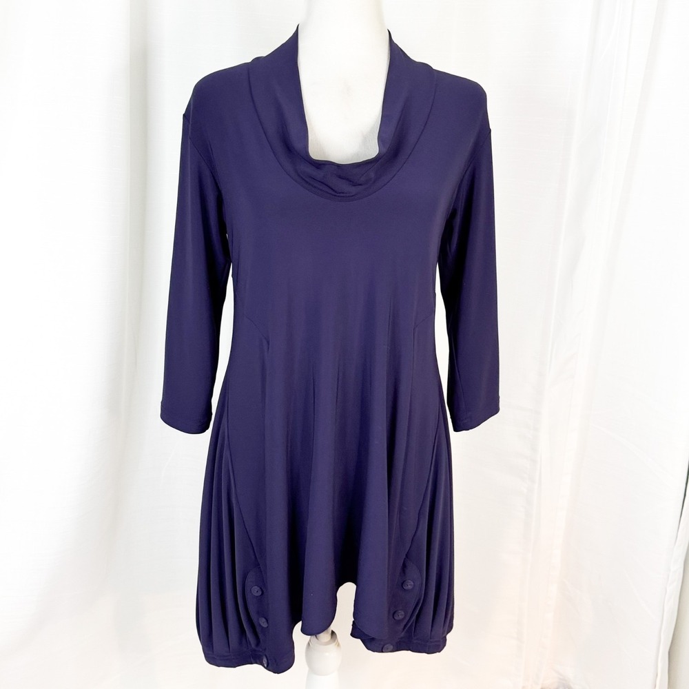 Sympli Womens 8 Purple Cowl Neck Tunic Dress Stretch Travel Knit Pockets EUC